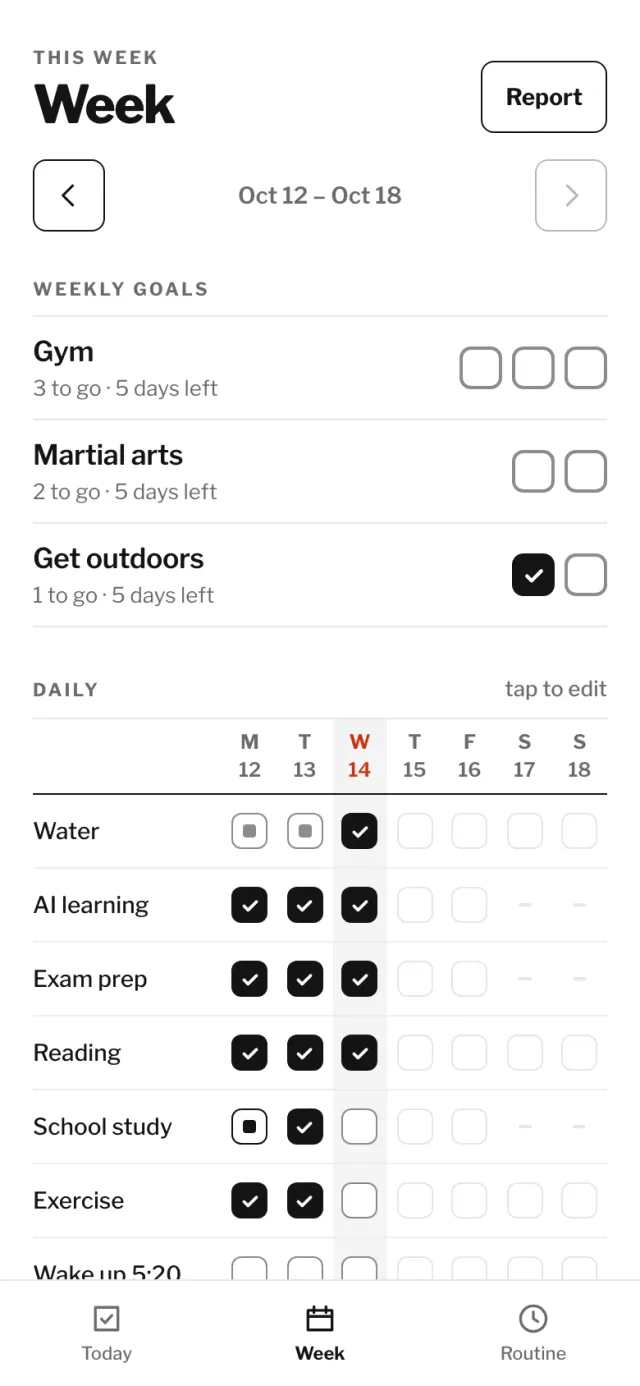 Tela Week do Habits Tracker com metas semanais e a grade de hábitos diários